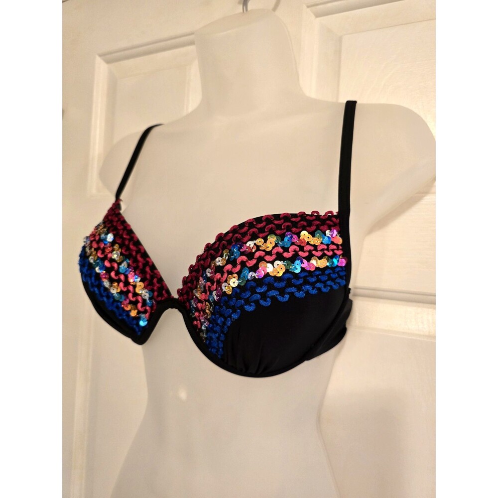 MakeMeChic Womens Sequin Push Up Underwire Bikini Top Black M Boudoir Boho Chic